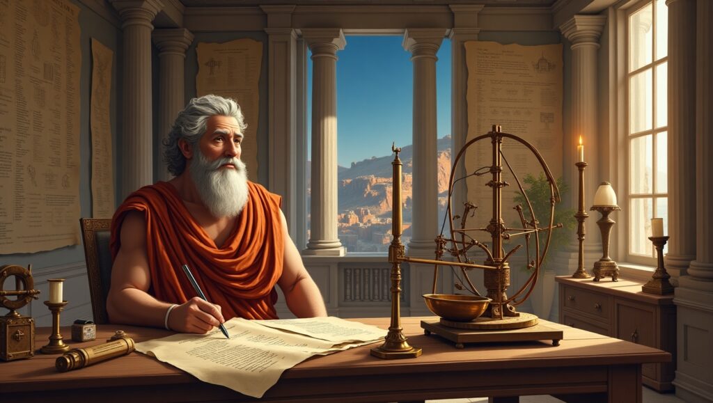 "Archimedes of Syracuse working on mathematical formulas, Archimedes' Principle, and engineering inventions in his ancient Greek study." mathematical theories, Archimedes' Principle, buoyancy, engineering, shipbuilding, and aerodynamics