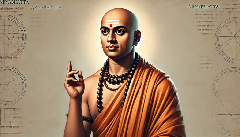 "Portrait of Aryabhatta, the great Indian mathematician and astronomer, wearing traditional Indian attire with a calm and intellectual expression. Depiction of his scholarly presence with mathematical symbols, planetary movements, and ancient manuscripts representing his contributions to zero, pi, quadratic equations, trigonometry, and astronomy. Inspired by his famous book Aryabhatiya and his discoveries in mathematics and space science."