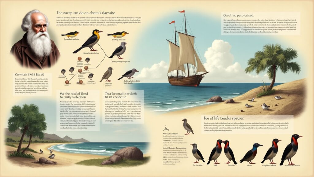 "Illustration of Charles Darwin’s Theory of Evolution by Natural Selection, featuring a portrait of Darwin, the HMS Beagle, Galápagos finches with different beak shapes, a tree of life diagram, and fossil illustrations. A scientifically detailed and historical representation of Darwin’s evolutionary studies."Charles Darwin Theory of Evolution Natural Selection Survival of the Fittest HMS Beagle