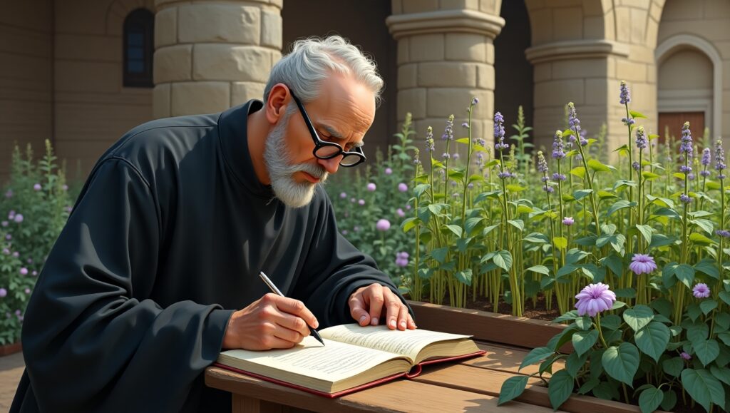 Create a detailed and realistic illustration of Gregor Mendel conducting his famous pea plant experiments in a monastery garden. Depict Mendel, a 19th-century Austrian monk, carefully observing and recording data on pea plants. He should be surrounded by various pea plants with different traits, such as tall and short stems, round and wrinkled seeds, and purple and white flowers. Show him using scientific tools like a magnifying glass and notebooks. The setting should have a serene monastery backdrop with natural lighting, emphasizing the significance of his groundbreaking genetic discoveries