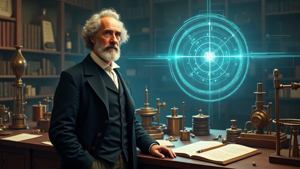 Electromagnetic wave propagation concept illustrated with electric and magnetic field vectors." James Clerk Maxwell