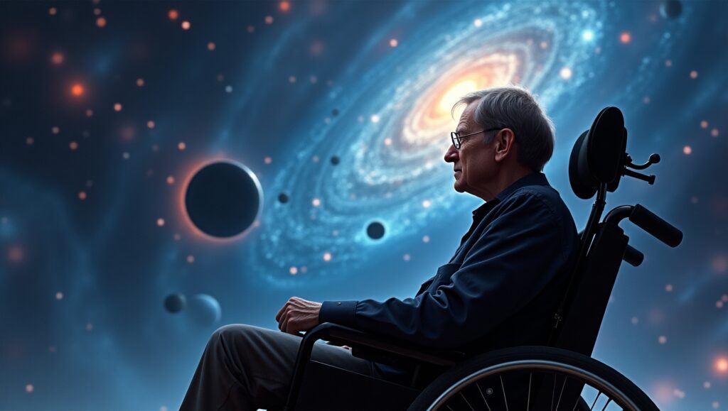 "Stephen Hawking in his wheelchair, gazing at a cosmic landscape filled with black holes, galaxies, and quantum energy waves. A tribute to his groundbreaking work in black hole physics, Hawking Radiation, cosmology, and the Theory of Everything. This futuristic space-themed artwork symbolizes his contributions to astrophysics and theoretical physics."